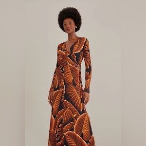 FARM Rio Orange and Black Leaf Print Dress